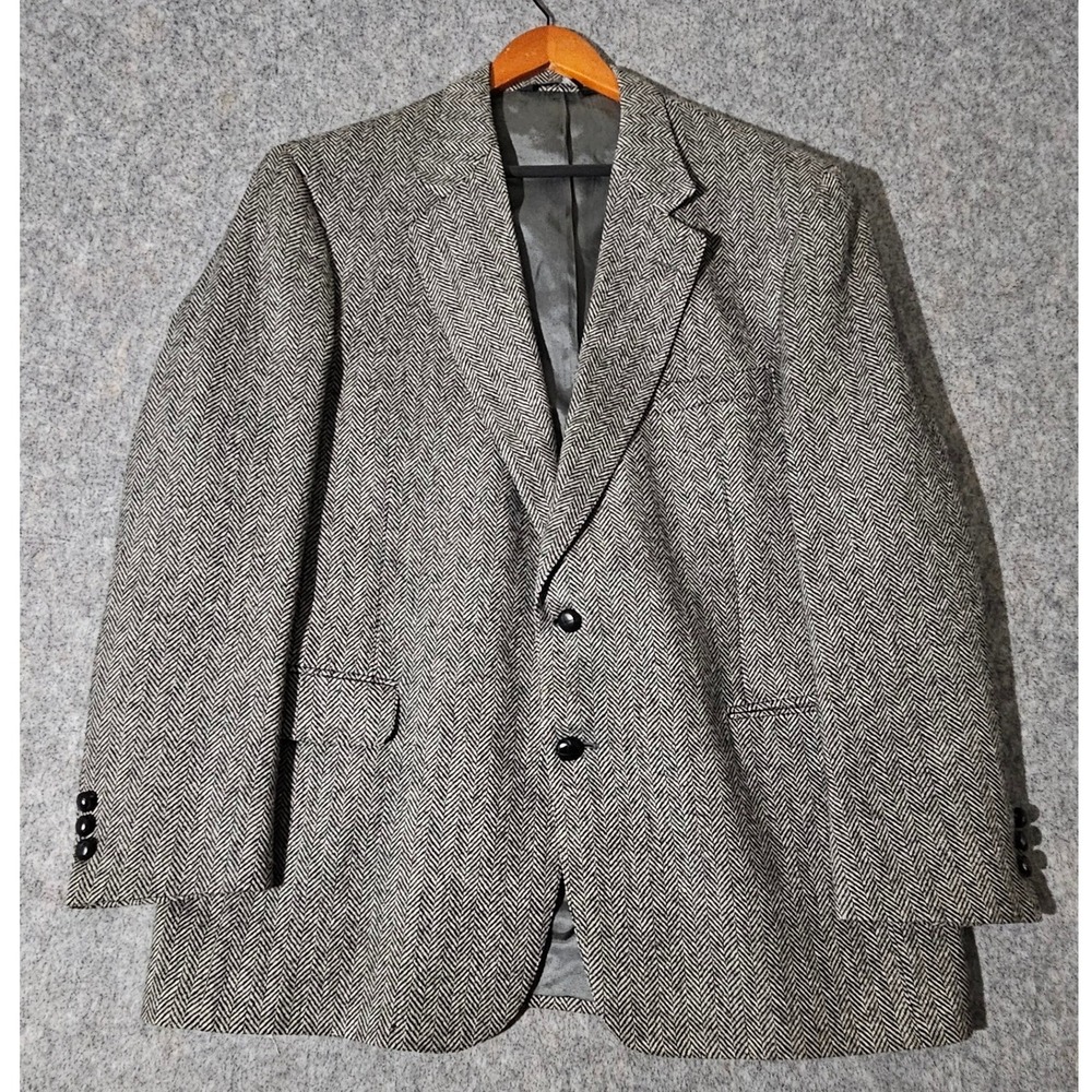 John Alexander Sport Coat Mens 46R Gray Herringbone Wool Two Button Blazer